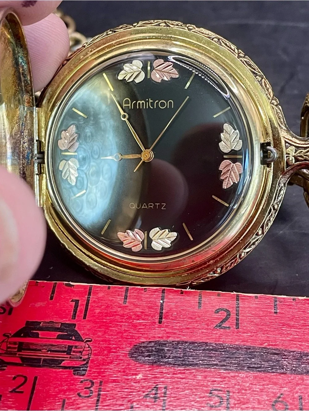 Armitron Eagle Pocket Watch w/Chain Men Gold Silver Two Tone Black Hills Leaves